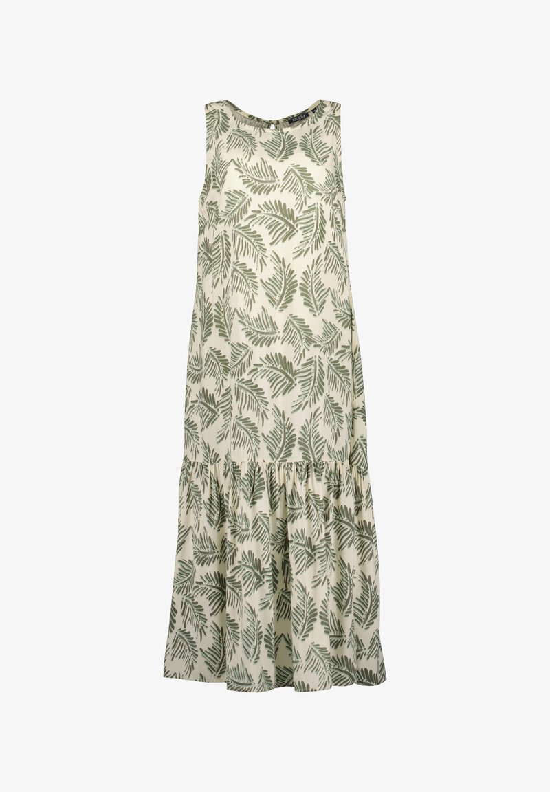 Ärmelloses Midikleid aus cremefarbenem Stoff mit grünem Blätterdruck. Verfügt über einen gerafften Saum und einen runden Halsausschnitt für eine lockere Passform.
