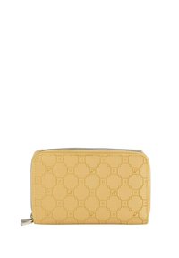 Billetera de cuero amarillo con patrón hexagonal en relieve, cierre de cremallera y textura suave. Forma rectangular compacta para mayor comodidad.