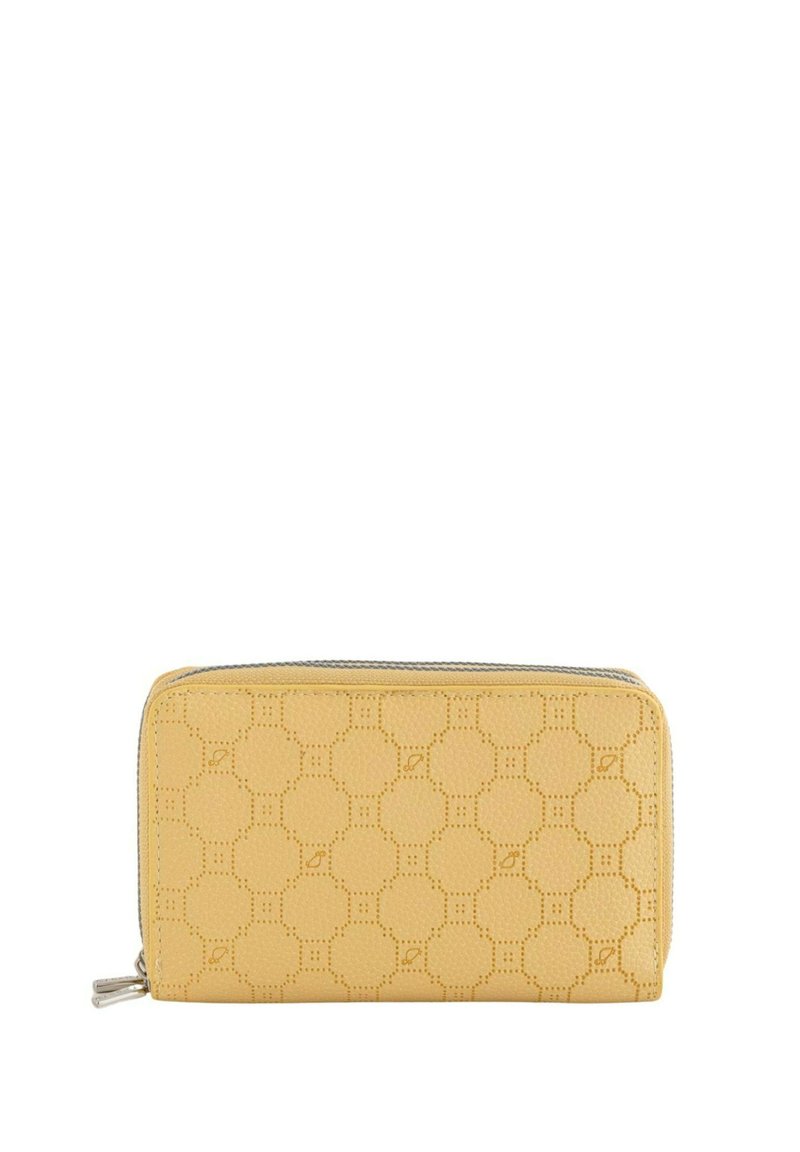 Billetera de cuero amarillo con patrón hexagonal en relieve, cierre de cremallera y textura suave. Forma rectangular compacta para mayor comodidad.