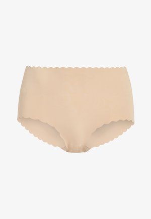 Beige, varrat nélküli hipster alsónemű, fodros derékkal, sima anyagból készült, lágy szélekkel a kényelem érdekében, valamint diszkrét szabással.