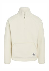 Crème fleece pullover met een halve rits, voorzak en logo patch. Heeft een relaxed fit en ribgebreide manchetten. Soepele textuur.