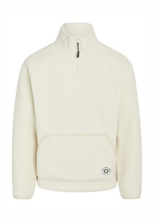 Crème fleece pullover met een halve rits, voorzak en logo patch. Heeft een relaxed fit en ribgebreide manchetten. Soepele textuur.