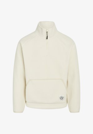 Cremfarbener Fleecpullover mit einem halben Reißverschluss am Kragen, einer Vordertasche und einem Logo-Patch. Bietet eine lockere Passform und gerippte Bündchen. Glatte Textur.