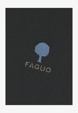 Dark fabric featuring an embroidered blue tree logo above the text "FAGUO" in beige. The texture appears smooth and slightly textured.