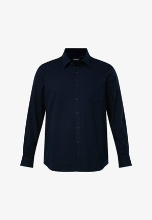Langärmliges, knöpfbares Hemd aus dunkelblauem Stoff. Verfügt über einen Kragen, eine Brusttasche und vordere Knopfverschlüsse. Einfaches, einfarbiges Design.