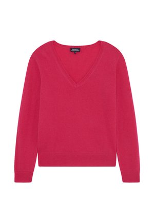 Women's long-sleeve red V-neck sweater with ribbed cuffs and hem, medium-weight knit fabric, size small.
