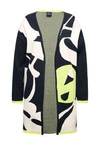 Cardigan lungo con un design audace caratterizzato da motivi astratti in nero, bianco e verde lime. Realizzato in tessuto a maglia con apertura frontale.