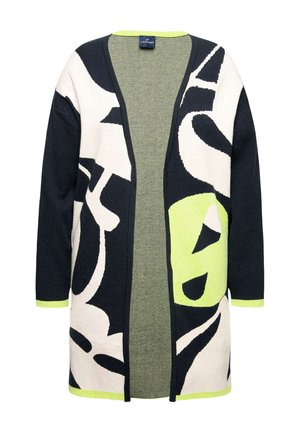 Langer Cardigan mit einem auffälligen Design aus abstrakten Mustern in Schwarz, Weiß und Limettengrün. Hergestellt aus Strickstoff mit offenem Vorderteil.