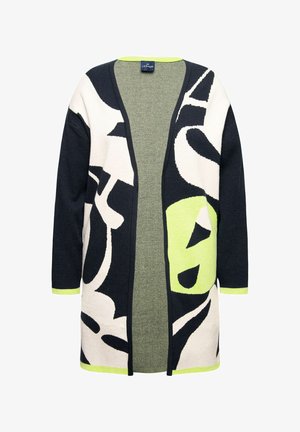 Długi kardigan z odważnym wzorem w abstrakcyjne motywy w kolorach czarnym, białym i limonkowym. Wykonany z dzianiny z otwartym przodem.