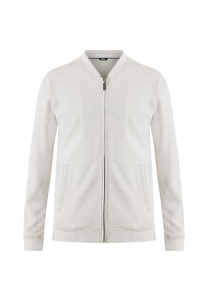 Hellgraue Bomberjacke mit Reißverschluss, geripptem Kragen und Bündchen; zwei Fronttaschen; strukturierter Stoff. Schlichtes, lässiges Design.