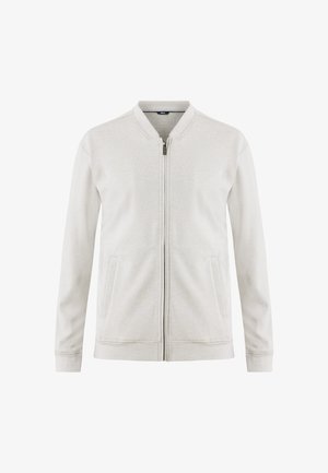 Hellgraue Bomberjacke mit Reißverschluss, geripptem Kragen und Bündchen; zwei Fronttaschen; strukturierter Stoff. Schlichtes, lässiges Design.