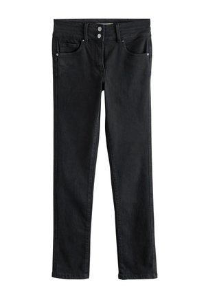 Black slim-fit jeans with front button and zipper closure, belt loops, and five-pocket design, laid flat on a white background.
