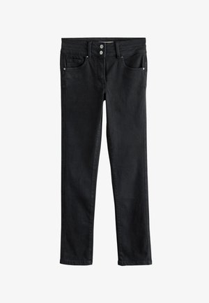 Black slim-fit jeans with front button and zipper closure, belt loops, and five-pocket design, laid flat on a white background.