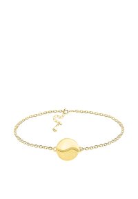 Bracciale in oro con una fine catena e un ciondolo rotondo. Il ciondolo ha una metà inferiore testurizzata e una metà superiore liscia. Chiusura regolabile.