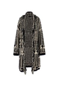 Cardigan lavorato a maglia lungo, con apertura frontale, caratterizzato da un motivo a scacchi nero e beige e bordi frangiati.