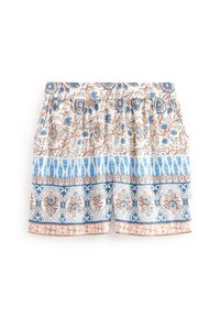 Shorts da donna corti con elastico in vita, caratterizzati da motivi floreali e geometrici blu e beiga su tessuto bianco.