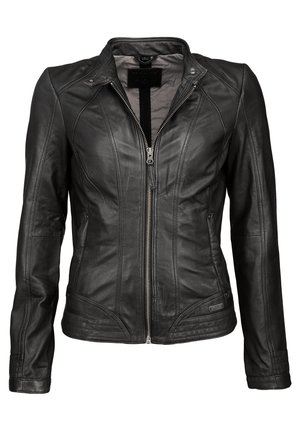 Czarna skórzana kurtka z zapięciem na zamek z przodu, wyraźnymi szwami i nieco dopasowanym krojem. Cechą wyróżniającą jest stójka oraz gładka tekstura.