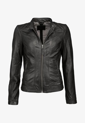 Czarna skórzana kurtka z zapięciem na zamek z przodu, wyraźnymi szwami i nieco dopasowanym krojem. Cechą wyróżniającą jest stójka oraz gładka tekstura.