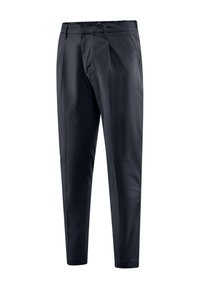 Pantaloni navy su misura con una finitura in tessuto liscio, dotati di una parte anteriore piatta, passanti per cintura e gambe affusolate. Adatti per un abbigliamento casual o da lavoro.