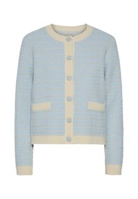 Vaaleansininen tweed-neulejakku, jossa on kermaiset korostukset, pyöreä kaulus, edessä nappikiinnitys, kaksi etupussi ja teksturoitu ruutukuosi.