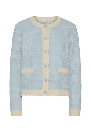 Lys blå tweed cardigan med kremfargede detaljer, rund hals, brystknapping, to frontlommer og teksturert rutemønster.