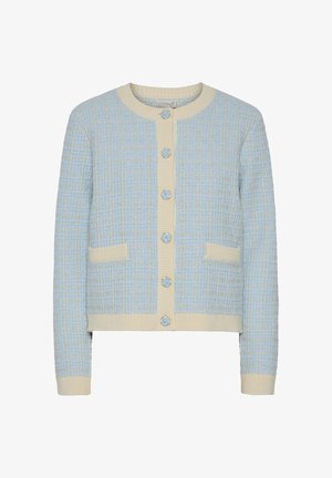 Light blue tweed cardigan with cream accents, round neckline, front button closure, two front pockets, and textured grid pattern.