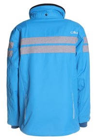 Blauere Winterjacke mit hohem Kragen, ausgestattet mit zwei horizontalen grauen reflektierenden Streifen über den Rücken und die Ärmel sowie dem CMP-Logo im oberen Rückenbereich.