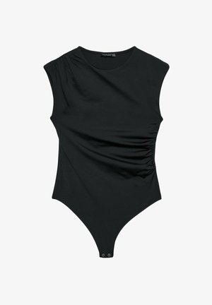 Črn bodi iz elastičnega materiala. Ima okroglo izreznico, kratke rokave z nabiranjem in zapiranja na gumbnici na dnu za enostavno oblačenje.