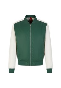 Giacca bomber verde e bianca con zip frontale, polsini a coste e un tessuto liscio e leggero. Design a blocchi di colore distintivo sulle maniche.