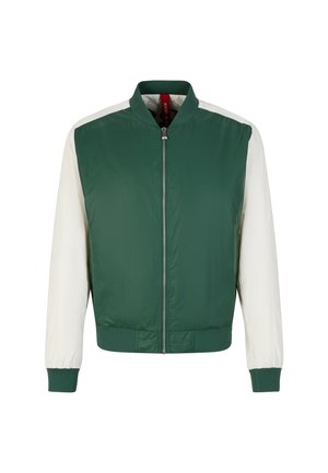 Groene en witte bomjack met een ritssluiting aan de voorkant, ribgebreide boorden en een gladde, lichte stof. Opvallend kleurblokontwerp op de mouwen.