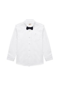 Hvid langærmet skjorte med knap-ned krave, prydet med en sort butterfly og en brystlomme. Cotton stof med en glat tekstur.
