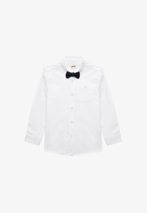 White long-sleeve shirt with a button-down collar, featuring a black bow tie and a chest pocket. Cotton fabric with a smooth texture.