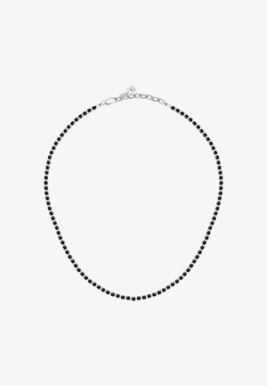 Silberne Halskette mit kleinen, gleichmäßig verteilten schwarzen Perlen, ausgestattet mit einem Karabinerverschluss und einer verstellbaren Verlängerungskette.