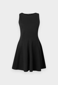 Robe noire sans manches avec un col rond, un buste ajusté et une jupe évasée ; fabriquée en tissu lisse avec une silhouette épurée.