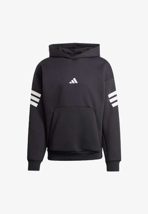Felpa nera con cappuccio e maniche lunghe, dotata di tasca frontale e logo Adidas bianco con tre strisce su ciascuna manica. Tessuto morbido.