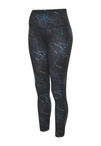 Black leggings with a marble pattern featuring blue and white accents, high waistband, and a smooth, stretchy texture.