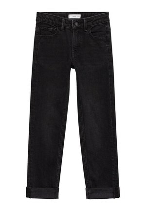 Jean en denim noir avec poches avant, passants de ceinture, fermeture par bouton et revers retroussés sur fond blanc.