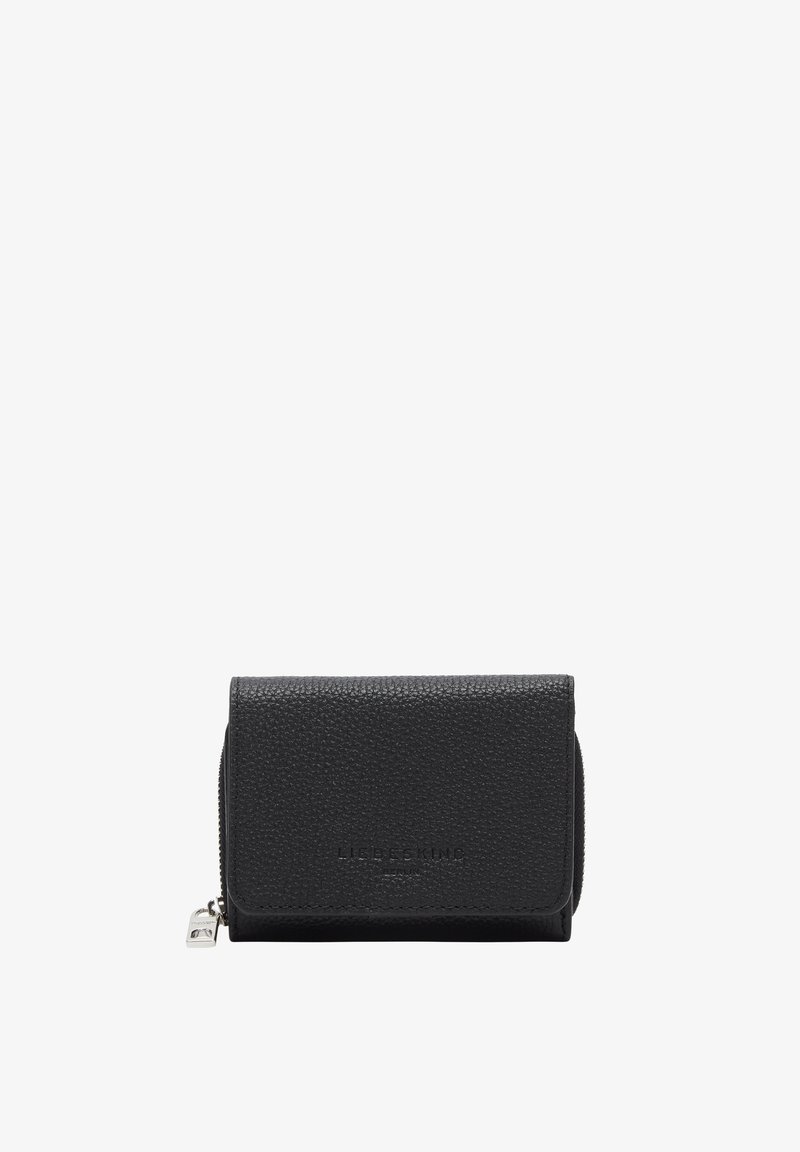 Czarny skórzany portfel o teksturowanym wykończeniu, z zamykaną na suwak przegrodą, tłoczonym logo marki i składanym designem.