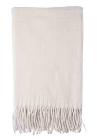Sciarpa di colore crema chiaro realizzata in tessuto testurizzato con bordi frangiati. Il design presenta una costina verticale e un aspetto morbido e accogliente.