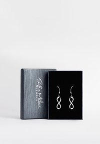 Orecchini argentati a forma di infinito, decorati con strass trasparenti, presentati in un cofanetto regalo foderato di velluto nero.