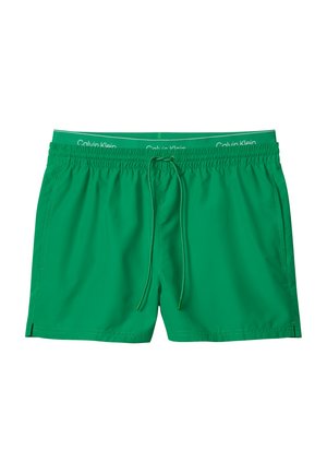 Grüne Herren-Badeshorts mit elastischem Bund, Kordelzug, Seitentaschen und sichtbarem Calvin Klein Markenlogo auf dem inneren Bund.