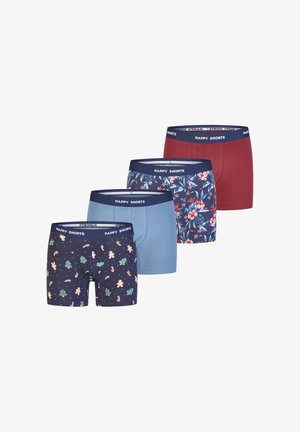 Quatre paires de boxers arborent des motifs variés : marine avec des motifs de vacances, bleu pastel, marine floral, et bordeaux uni. Toutes avec une ceinture à la marque.