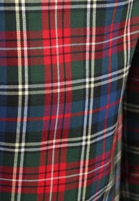 Dicht geweven wollen stof met een klassiek tartan ruitpatroon in rode, groene, blauwe, zwarte en witte lijnen.