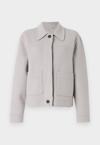 Light grey wool blend jacket with a collar, front button closure, and two large patch pockets. Soft texture with neat stitching details.