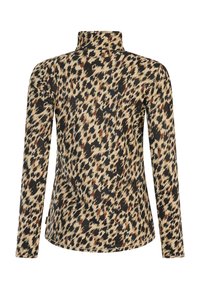 Dlhý rukáv top s vysokým golierom, vyrobený z patterned látky v béžovej, hnedej a čiernej farbe, pripomínajúci leopardí vzor.
