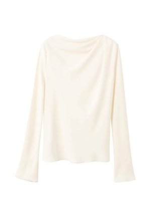 Haut à manches longues en tissu doux de couleur blanche crème. Présente un col drapé et une silhouette fluide. Texture lisse, sans motifs ni accessoires.