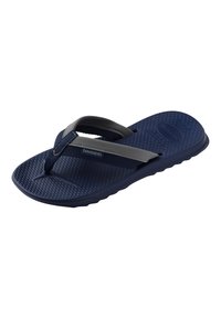 Ναυτικό μπλε σαγιονάρες Havaianas με υφή στο πέλμα και υφασμάτινα λουράκια σε γκρι και ναυτικό μπλε, γωνιακή λήψη που δείχνει λεπτομέρειες από πάνω και από το πλάι.