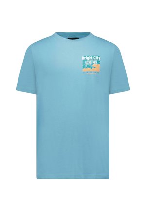 Lichtblauw katoenen T-shirt met korte mouwen en een grafische print met de tekst "Bright City" en palmbomen in oranje en turquoise.