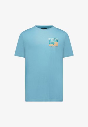 Lichtblauw katoenen T-shirt met korte mouwen en een grafische print met de tekst "Bright City" en palmbomen in oranje en turquoise.