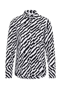 Button-up shirt in black and white with a zigzag pattern. Long sleeves, collared neck, and smooth, lightweight fabric.